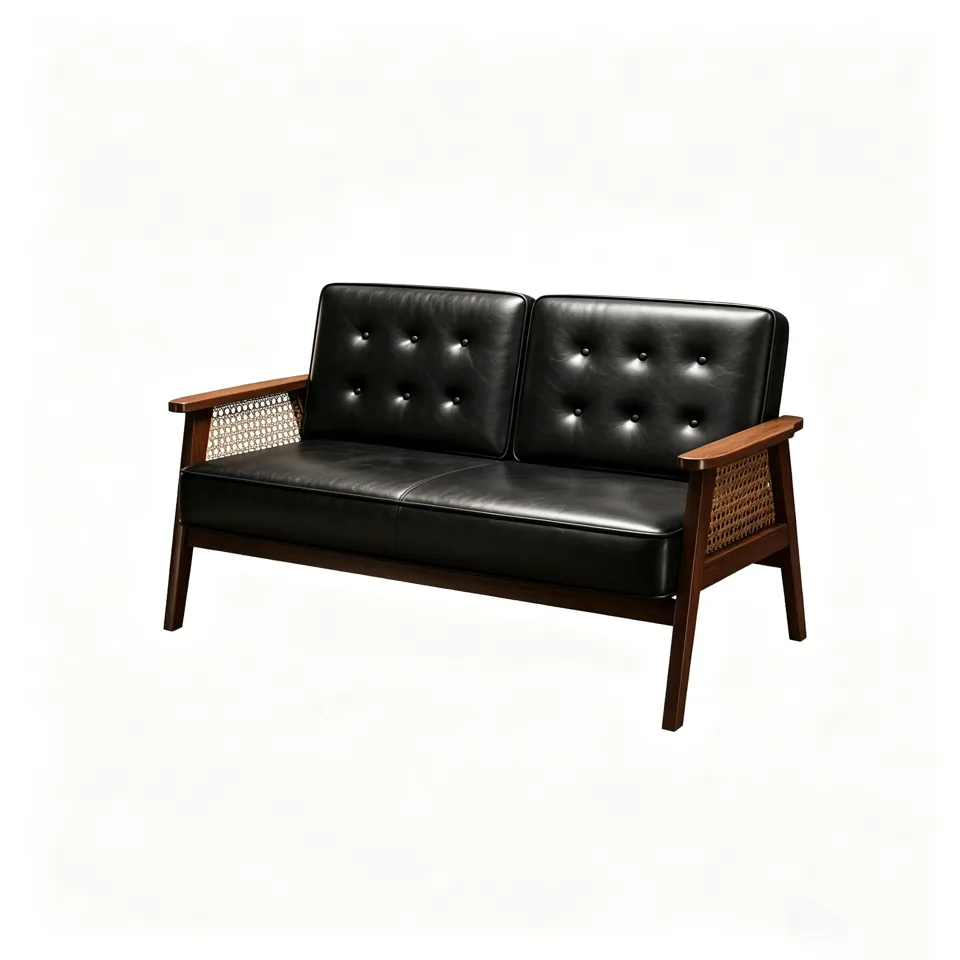 Black Tufted Cane-Arm Loveseat